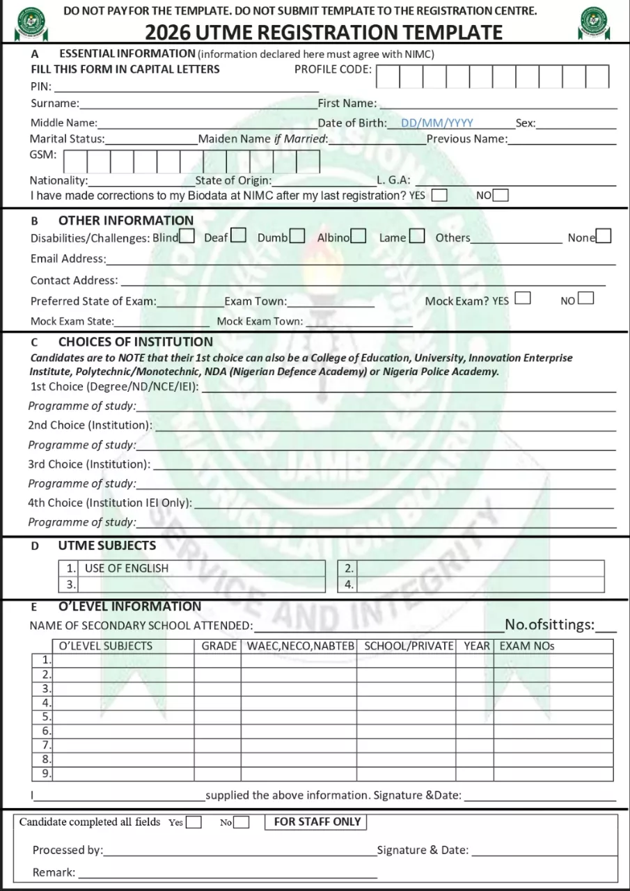 JAMB Registration Template